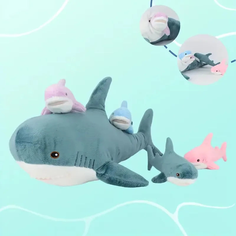 Cute Mother-Baby Shark Five-Piece Soft Stuffed Animal Giant Soft Shark Pillow Chubby Shark Pillow for Boys and Girls Ready Gifts